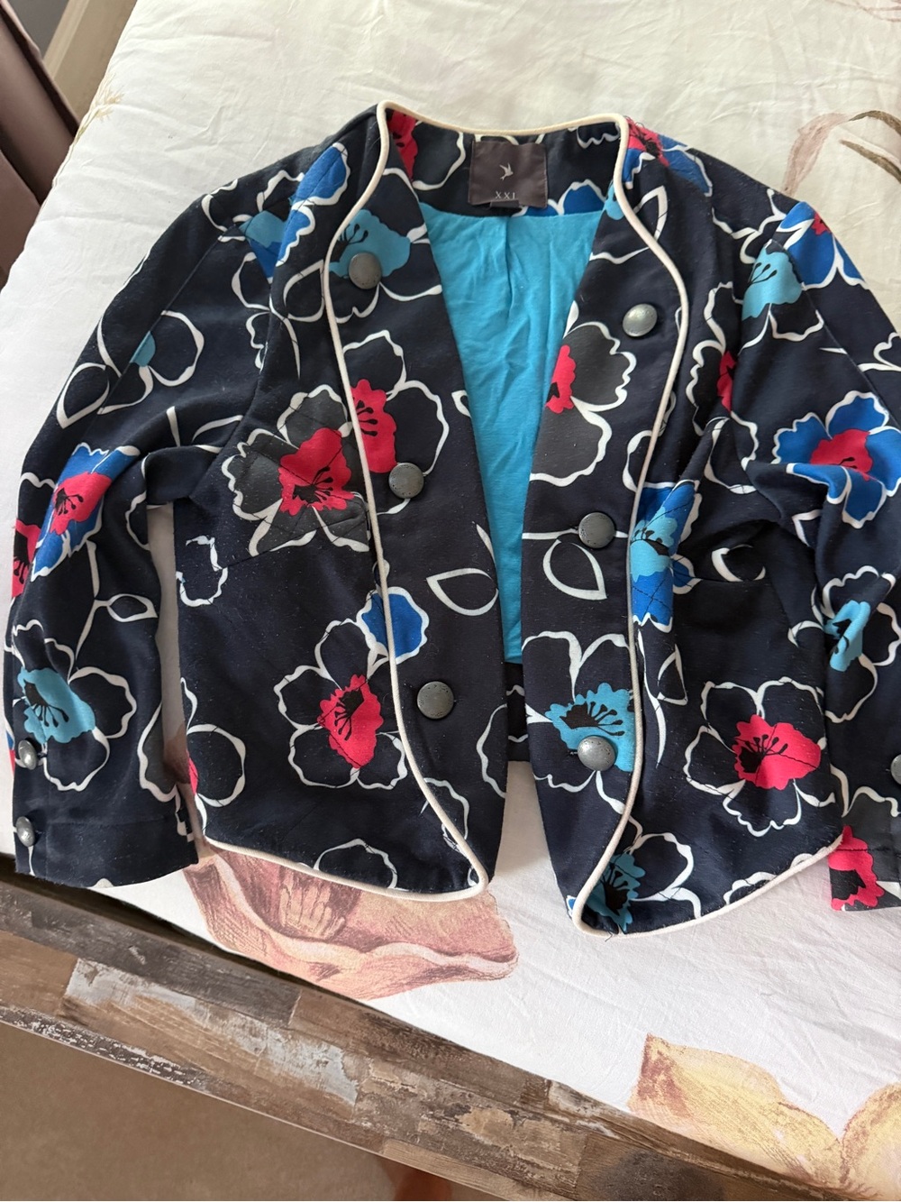Floral Double-Breasted Women’s Jacket - Black with Red & Blue Flowers